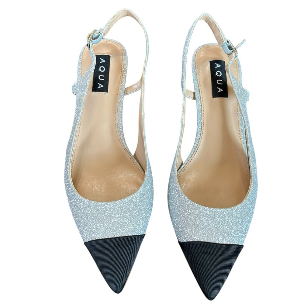 Aqua  Koko Pointed Toe Slingback Pumps Silver Glitter Kitten Heel NEW 7.5